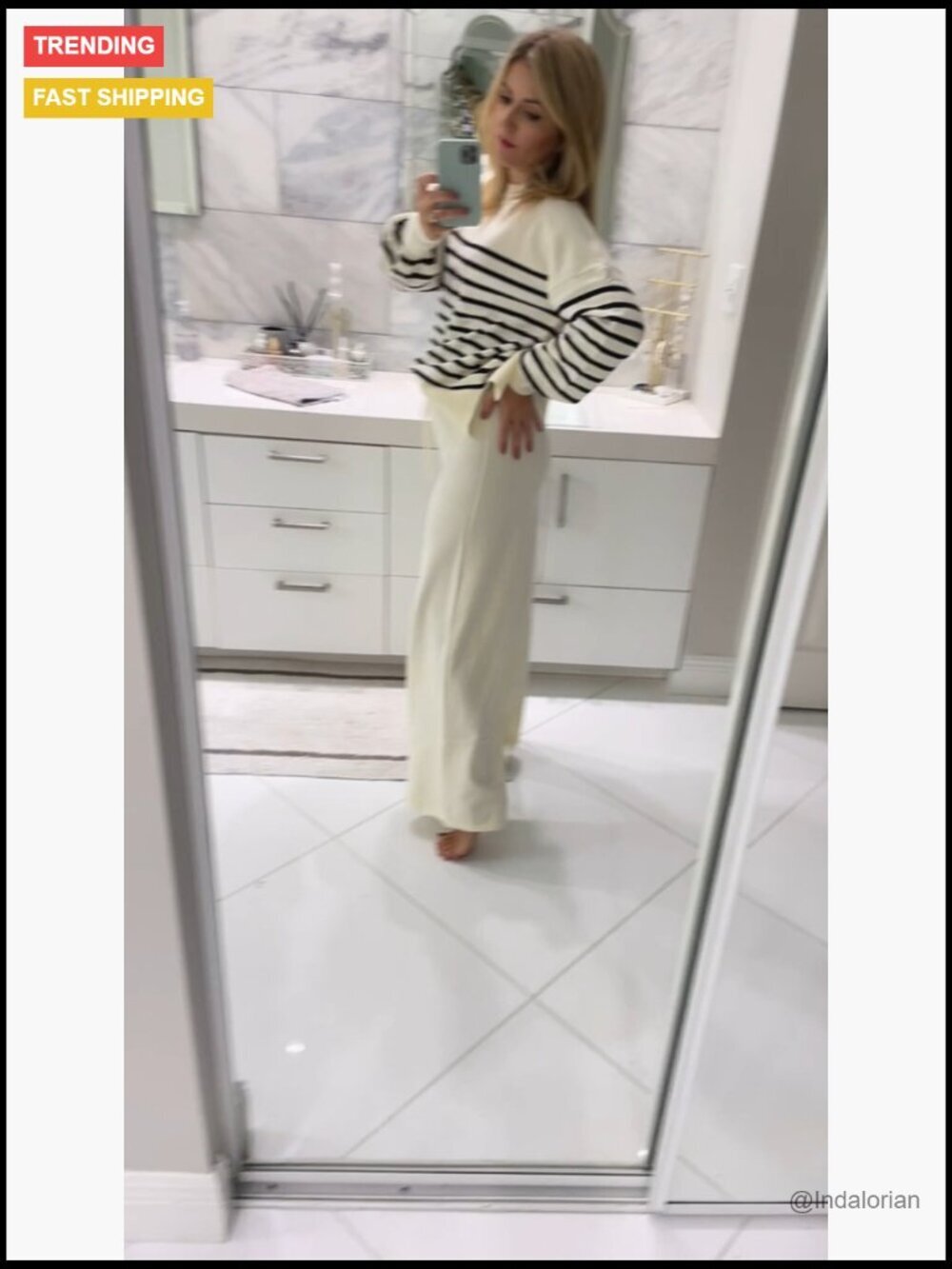 Polyester Lounge Set with Knitted Sweater Top and Wide Leg Sweatpants - Picture 4 of 6
